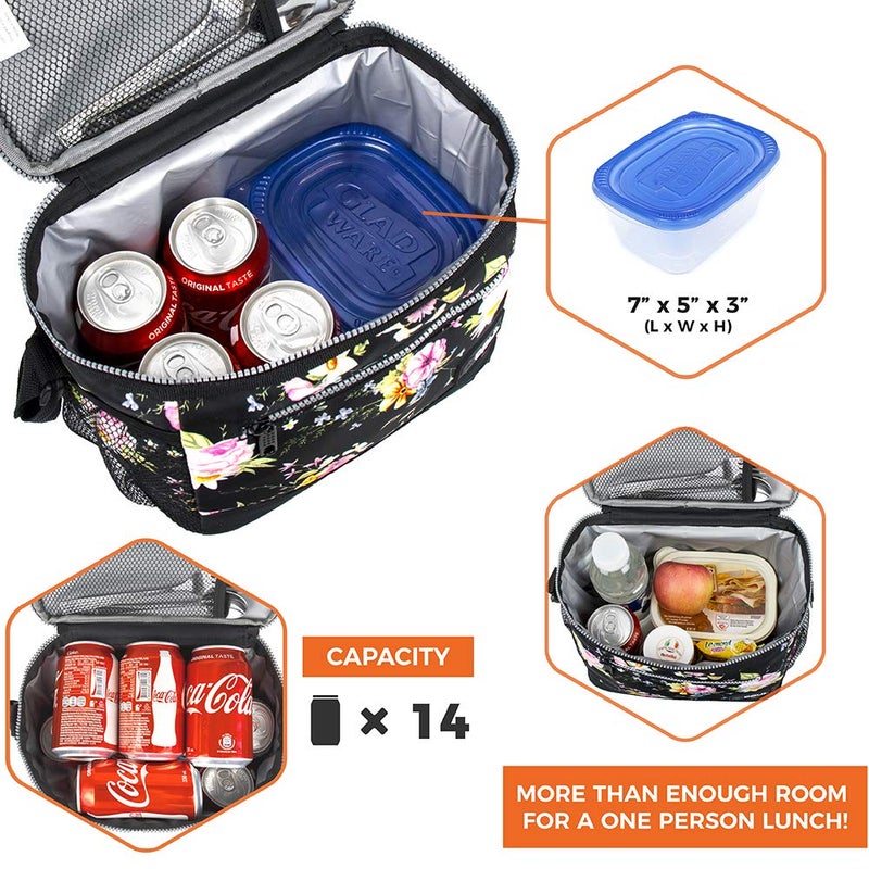 opux Insulated Lunch Box Men Women, Lunch Bag for Work School, Leakproof Soft Cooler Tote Adult, Large Lunch Pail Kids Boys Girls, Picnic Beach Food Bag with Shoulder Strap, Black Floral - Image 4